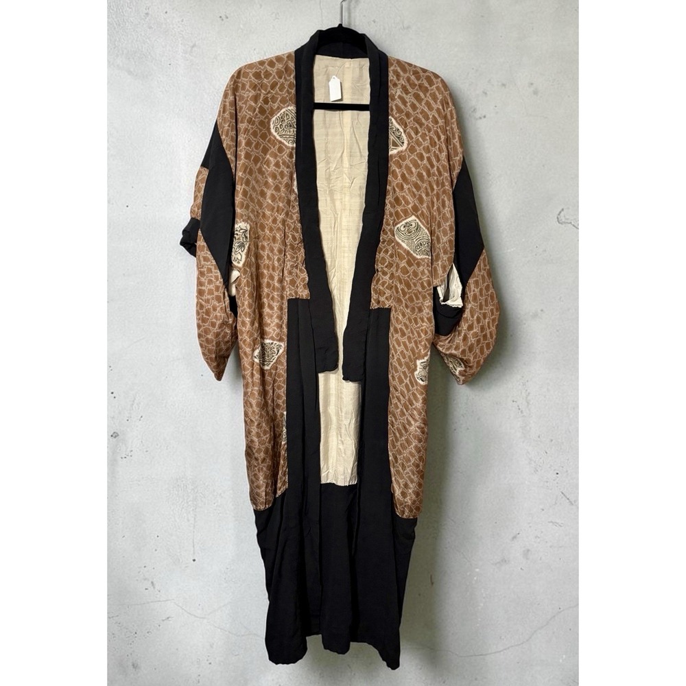 Vintage Japanese Silk Kimono Robe Brown Black Floral Geometric Print Boho